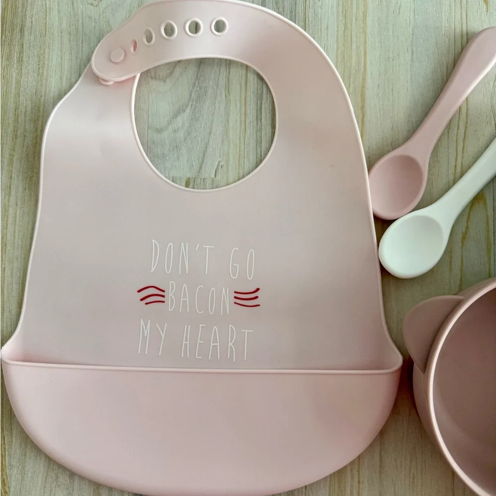 Silicone Baby Feeding Set with Pink Bib, Bowls & spoons - Picture 2 of 6